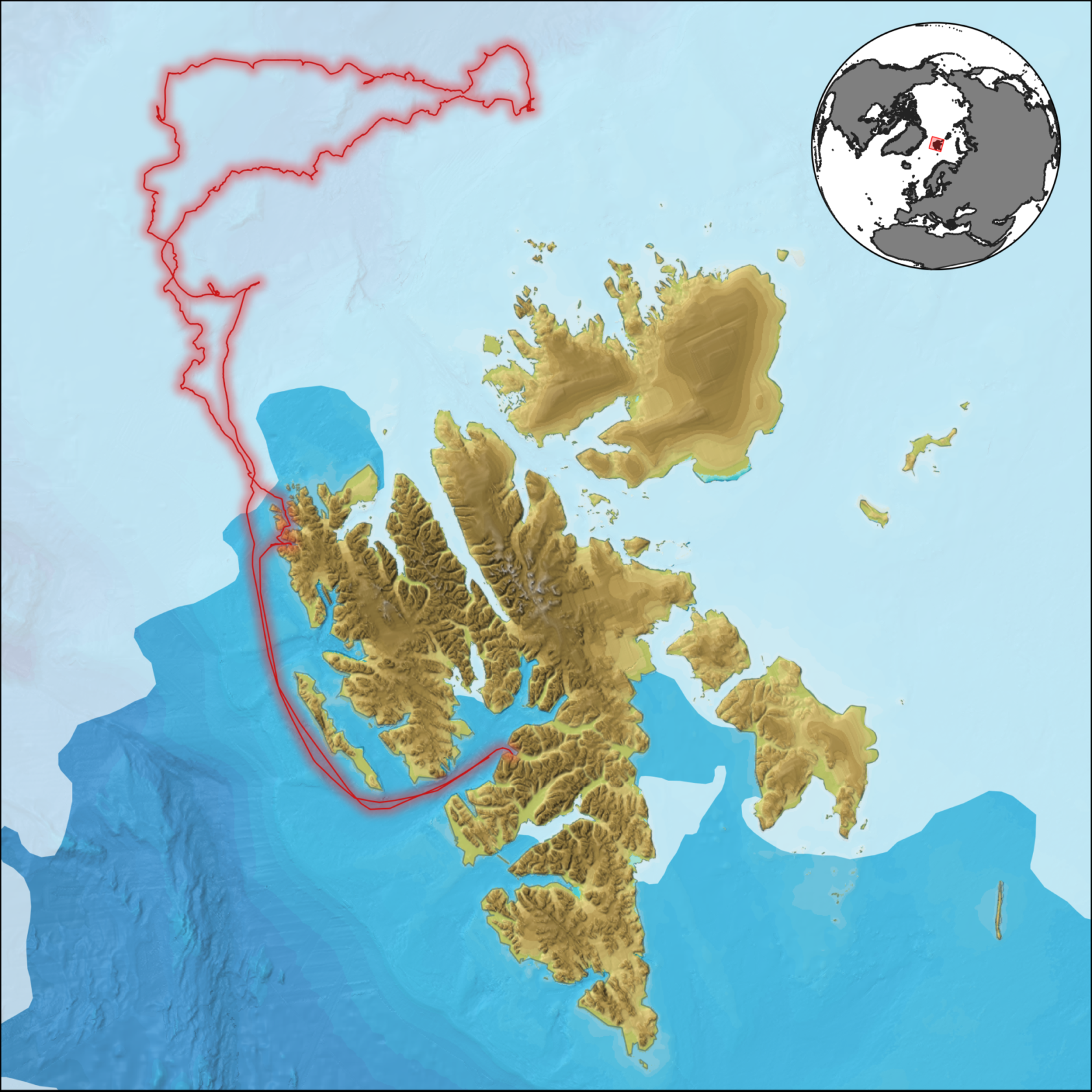 Alistair Everett/MET, The algorithm was tested during a research cruise North of the Svalbard Archipelago in June 2021. The light blue area shows the ocean that is covered with sea ice at this time of the year while the dark blue area is open water. The ship track is outlined in red. The map is based on bathymetry data from IBCAO v4., Figure 52, , 