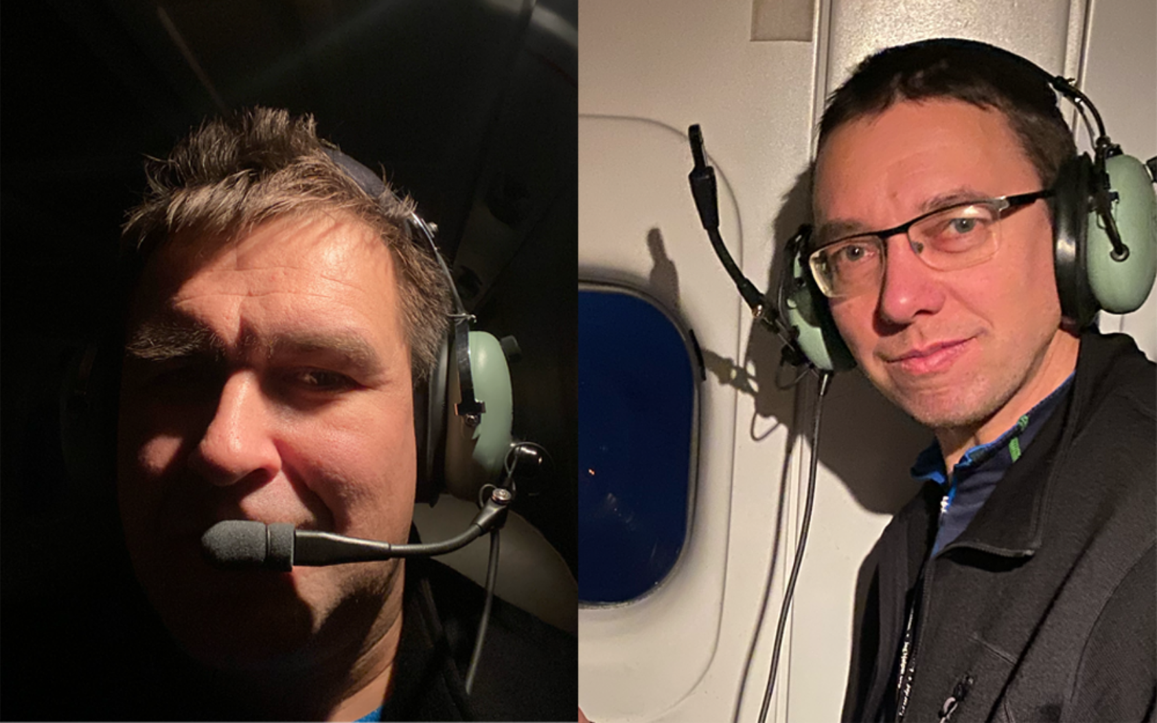 NORCE, Agnar Sivertsen og Tom Rune Lauknes ombord i flyet “LN-LYR”. Begge har lang erfaring fra forskning i Arktis og venting på optimale værforhold. Denne gangen blir det et døgns ventetid før Dornieren tar av., Sivertsen lauknes, <p>Foto: NORCE</p>, To menn med headset om bord i et fly